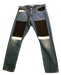 Stylish denim jeans with unique black and white patches on the thighs and knees, offering a fashionable and trendy look