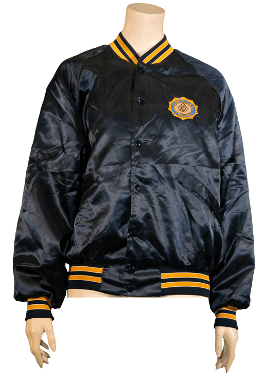 Black satin varsity jacket with yellow and black striped cuffs and collar, featuring an embroidered logo on the chest.