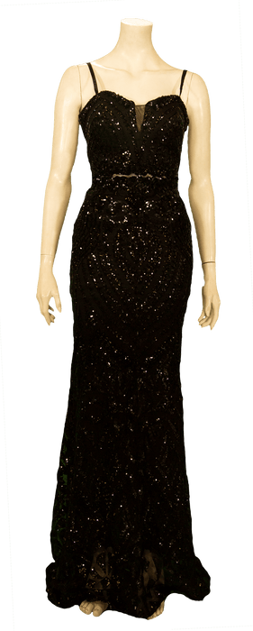 Elegant black sequin evening gown with spaghetti straps and fitted bodice displayed on mannequin