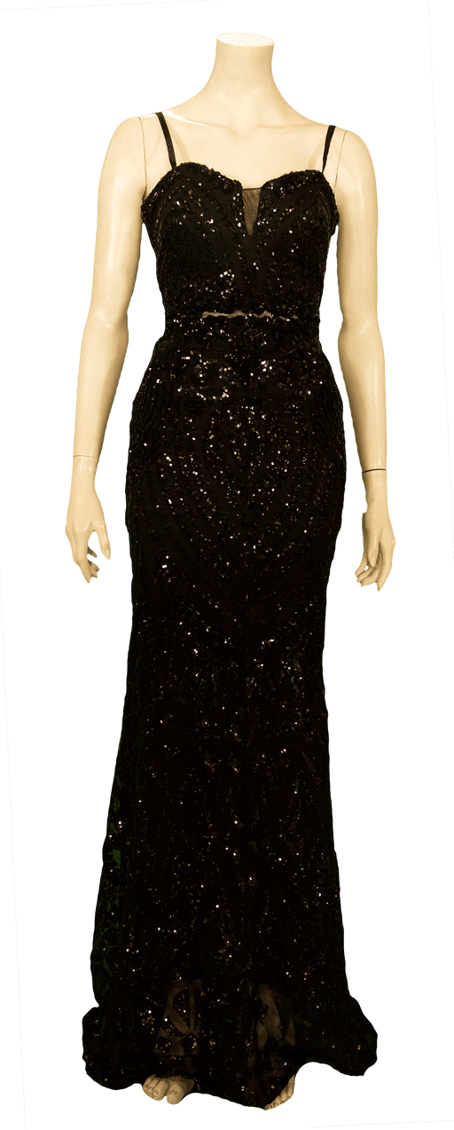 Elegant black sequin evening gown with spaghetti straps and fitted bodice displayed on mannequin