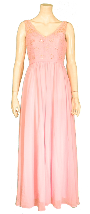 Elegant pink sleeveless evening gown with lace bodice and flowing skirt displayed on a mannequin.