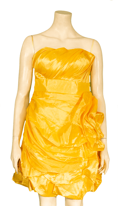 Strapless yellow dress with ruched detailing and ruffles on mannequin.