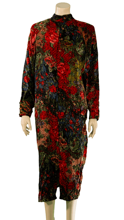 "Vintage long-sleeve floral dress with vibrant red and green patterns"