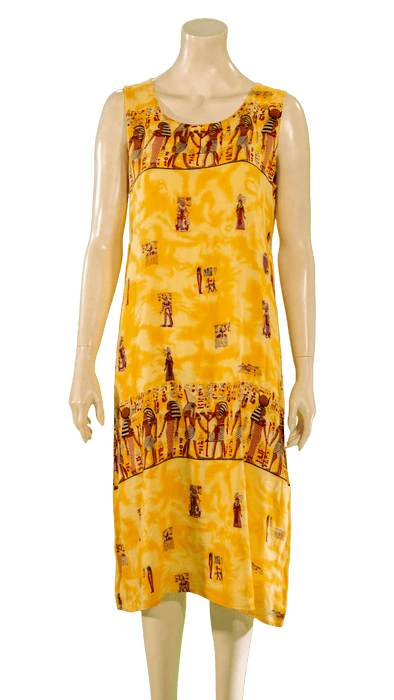 Yellow sleeveless dress with colorful tribal print design on a mannequin