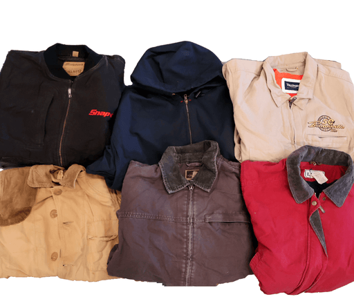 Vintage wholesale Carhartt style workwear jackets from the 70s, 80s, 90s, and 00s in various colors and designs.