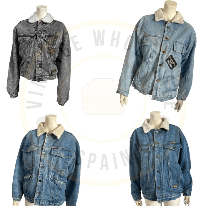 Vintage denim jackets with shearling collars displayed on mannequins.