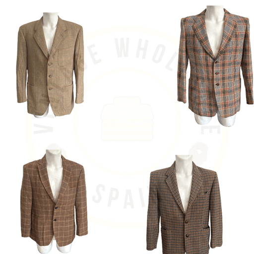 Four vintage men's plaid blazers in earth tones, perfect for a stylish retro look.