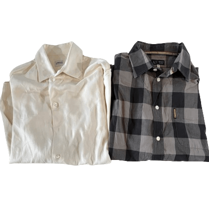 Vintage Armani shirts mix, featuring a classic white and a plaid design, part of a wholesale pack from the 70s to 00s, grade A quality.