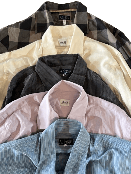 Vintage Armani shirts collection from different decades in assorted colors and patterns, perfect for wholesale vintage fashion enthusiasts.