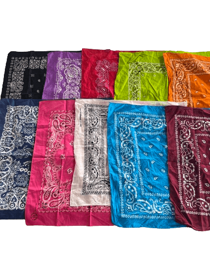 Colorful mix of vintage bandanas from the 70s, 80s, 90s, and 00s, featuring assorted patterns. Ideal for vintage wholesale fashion enthusiasts.