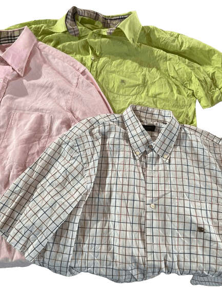 Vintage Burberry shirts mix 70s-00s in pink, green, and checkered patterns. Grade A wholesale fashion pack.