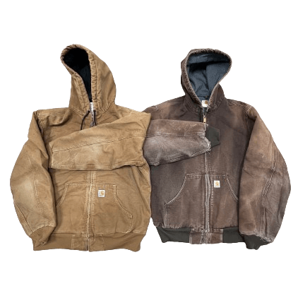 Vintage Carhartt jackets from the 70s, 80s, 90s, and 00s in brown and dark brown shades, part of a wholesale pack.