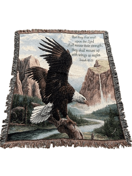 Vintage ethnic carpet from the 70s with an eagle and Isaiah 40:31 scripture. Vintage wholesale ethnic decor from EEUU.