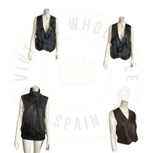 Assorted vintage leather vests displayed on mannequins from Wholesale Vintage Spain collection