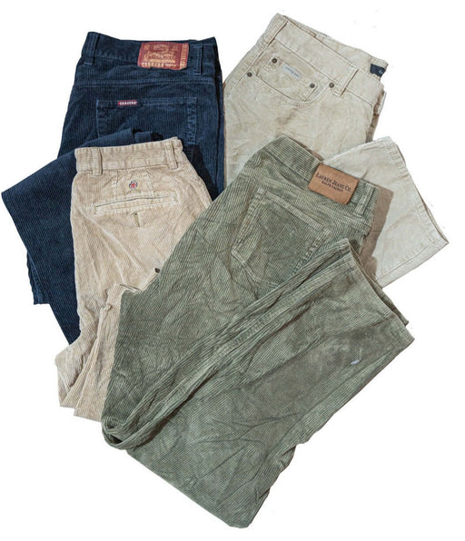 Variety of men's corduroy pants in different colors including green, beige, and navy blue displayed on a white background.