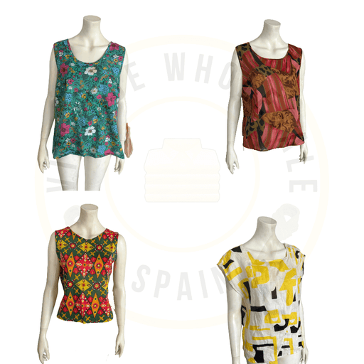 Stylish sleeveless blouses in vibrant patterns displayed on mannequins. Ideal for casual wear.