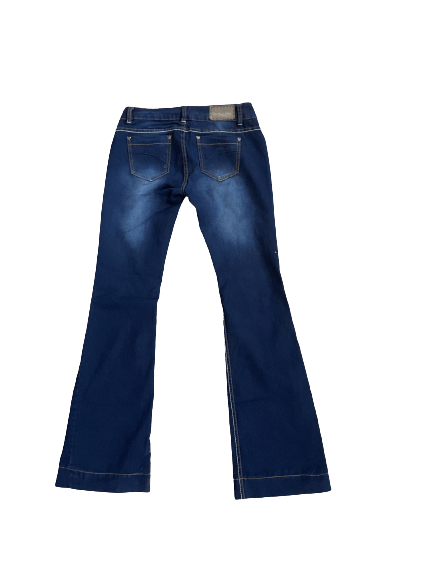 Dark blue flare jeans with back pockets, perfect for stylish and comfortable casual wear.