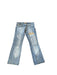 Vintage distressed blue jeans with patchwork and flare legs. Fashionable denim for casual style.