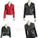 Various stylish women’s leather jackets in red, black, and green.