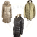 Three stylish puffer jackets in beige, black, and olive green on mannequins suitable for winter fashion.