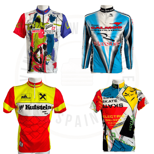 "Colorful vintage cycling jerseys with unique designs and sponsor logos displayed against a white background."