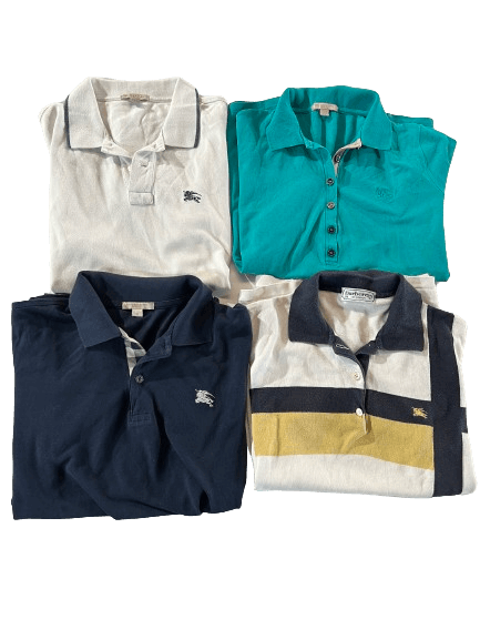 Vintage Burberry polos from the 70s to 00s in a mix of styles and colors, part of a wholesale pack of 10 or 20 pieces.