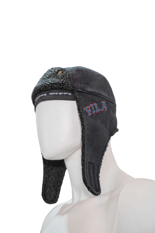 Fila black winter hat with ear flaps on mannequin, showcasing its warm and stylish design.