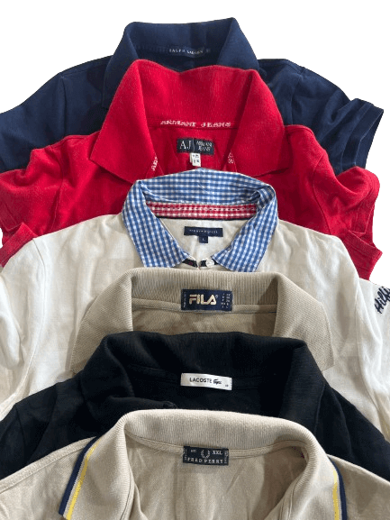 Vintage branded polos for women in assorted colors from the 70s to 00s, available in wholesale packs. Perfect mix of European and USA vintage fashion.