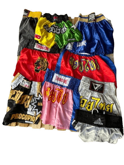 Batch of 10 vintage Muay Thai pants from 70s to 00s, featuring colorful designs from European and USA markets, 80% grade A quality.