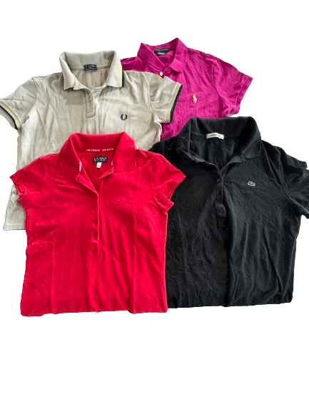 Vintage wholesale branded polos for women from 70s-00s in various colors, including grade A and B vintage fashion shirts.