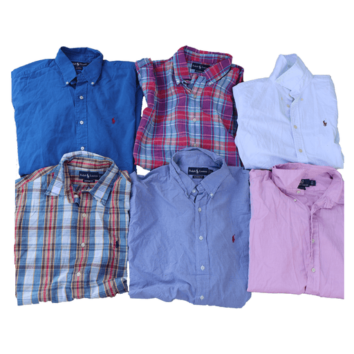 Vintage wholesale Ralph Lauren short sleeve shirts in assorted colors and patterns from the 70s to 00s, perfect for vintage fashion lovers.