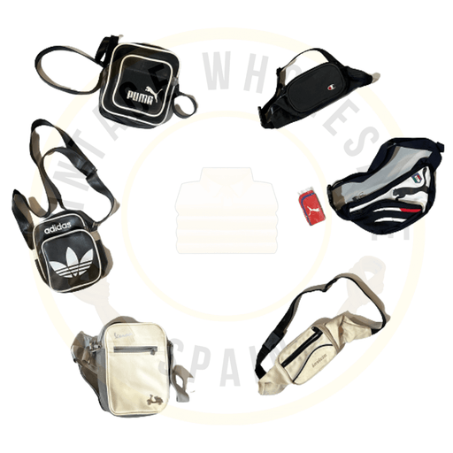 Assorted branded crossbody bags and fanny packs arranged in a circle including Puma, Adidas, and Champion.