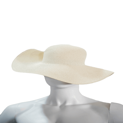 Elegant beige wide-brimmed straw hat on a mannequin bust