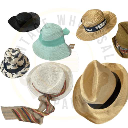 Variety of stylish vintage hats in different colors and designs, including straw and fabric hats, perfect for any occasion