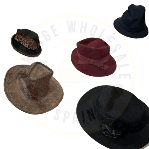 Variety of stylish hats including black, red, leopard print, and brown, displayed on white background with subtle watermark.