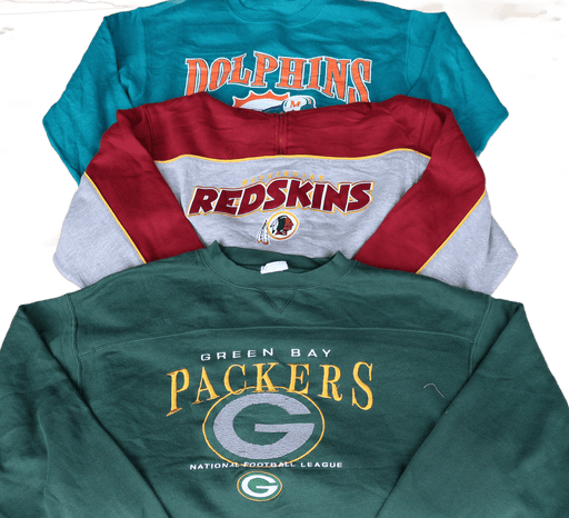 Vintage Wholesale American sport hoodies from the 70s to 00s featuring Packers, Redskins, and Dolphins logos in Grade A condition.