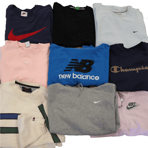 Selection of 10 branded premium sweatshirts, ideal for vintage fashion resale, featuring classic brands like Nike, New Balance, and Champion.