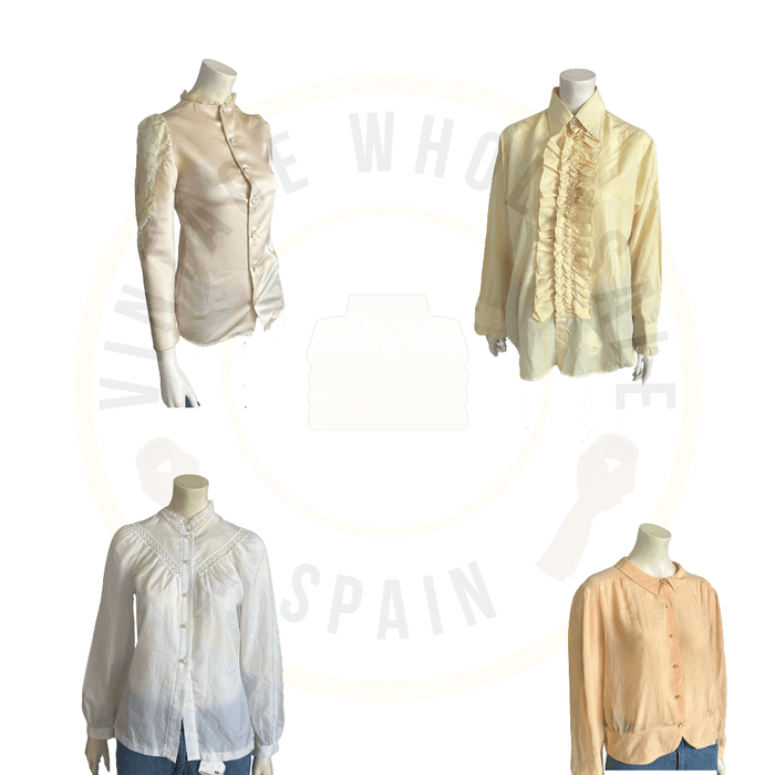 Vintage blouses collection in cream and pastel shades displayed on mannequins. Perfect for a retro fashion statement.