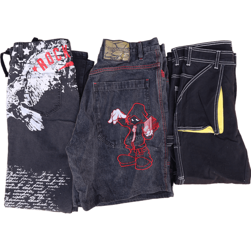 Vintage wholesale hip hop pants from the 70s to 00s, black denim with graphic designs; 10kg mix of grade A vintage fashion.