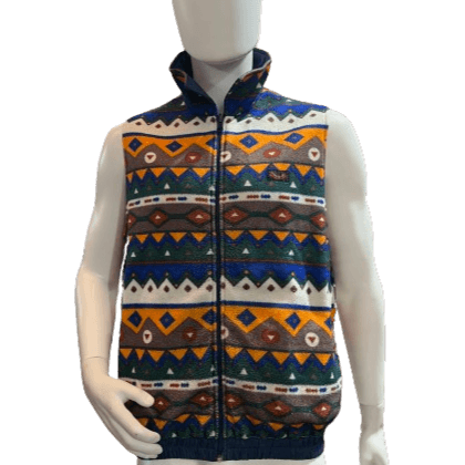 Vintage colorful polar vest from the 70s, 80s, 90s, and 00s on a mannequin. Retro fashion piece available in MIX CRAZY POLAR VESTS pack.