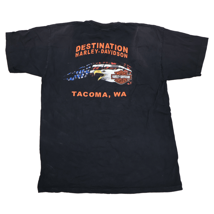 Vintage black Harley Davidson t-shirt with Tacoma, WA print, perfect for vintage fashion and wholesale collections.