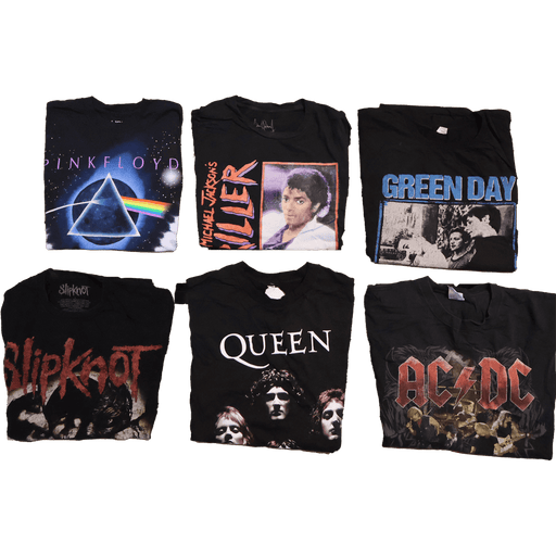 Vintage wholesale rock band T-shirts featuring Pink Floyd, Michael Jackson, Green Day, Slipknot, Queen, and AC/DC.