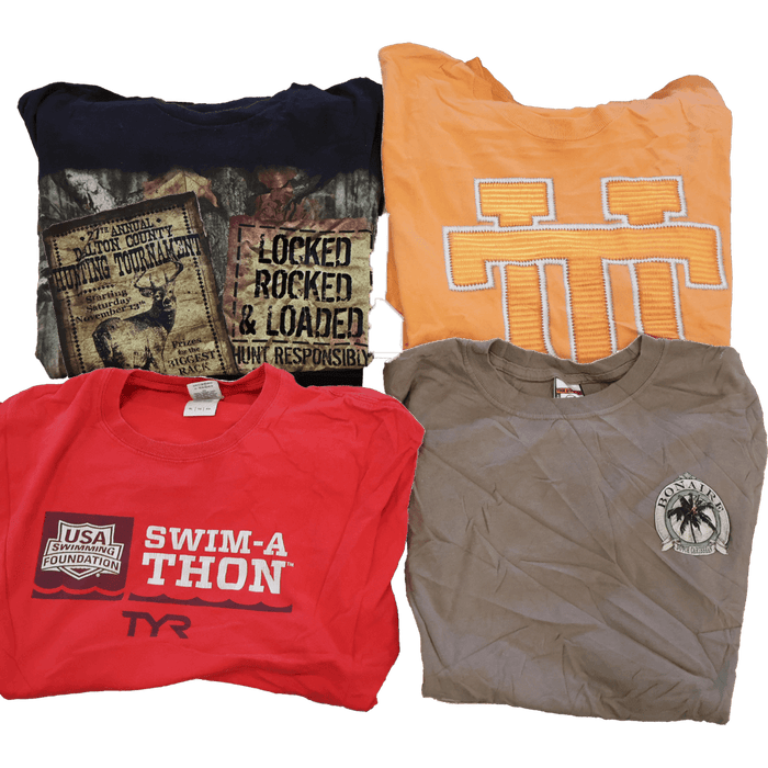 Vintage wholesale t-shirts batch from the 70s to 00s featuring various university, college, and destination prints in assorted colors.