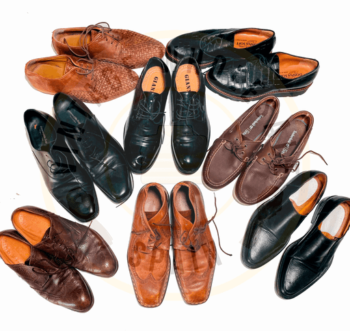 A variety of men's dress shoes in different styles and colors arranged in a circle.