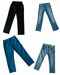 Variety of denim jeans in different styles and colors, including black, light blue, and dark blue.