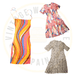 Vintage colorful dresses on white background, featuring a vibrant striped dress, a floral-patterned dress, and a polka-dot dress, retro fashion.