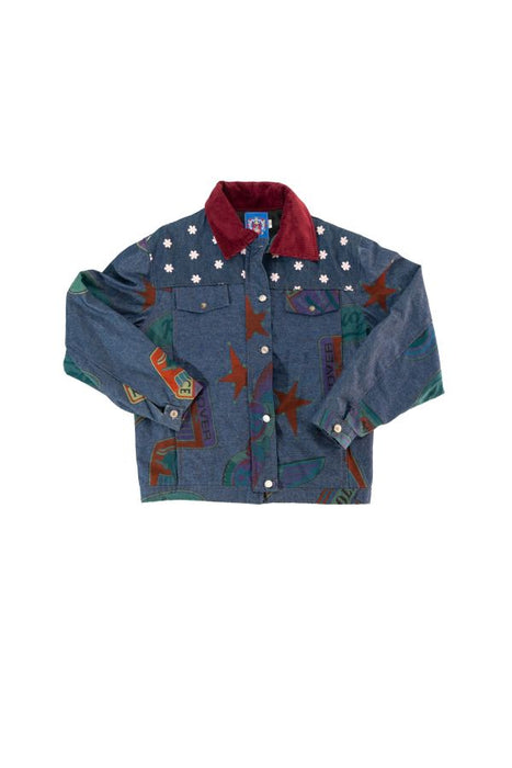 Vintage denim jacket with colorful star and geometric designs, red collar, and white embellishments.