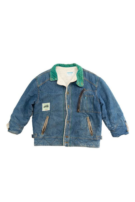 Vintage blue denim jacket with green collar and side pockets, front view.