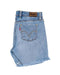 Blue denim shorts with a back pocket, belt loops, and a frayed hem, showcasing casual summer fashion.