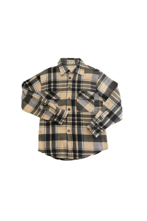 Beige and black plaid button-up shirt with long sleeves and chest pockets.